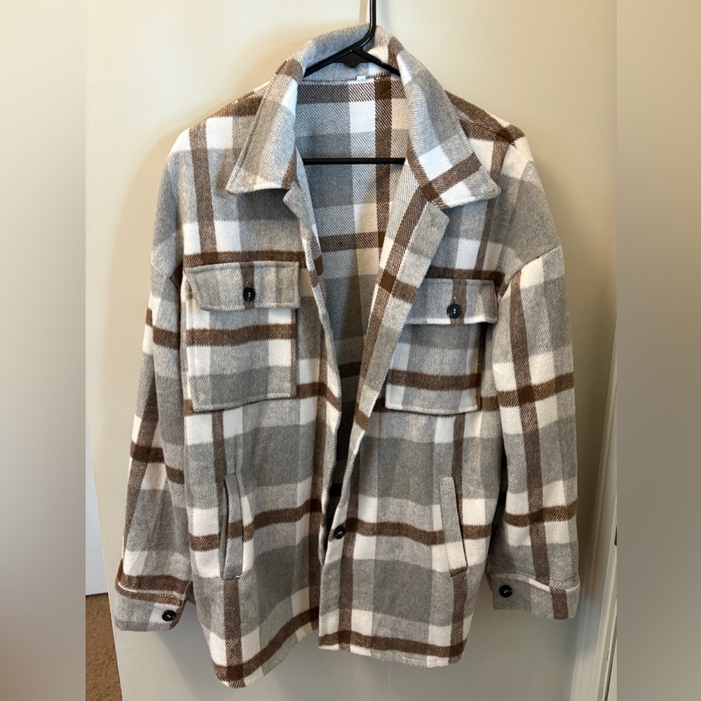 Women's Classic Plaid Shirt Jacket - Gray and Brown
